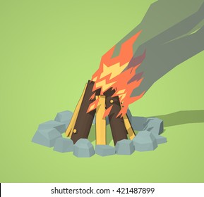 Campfire against the green background. 3D lowpoly isometric vector illustration