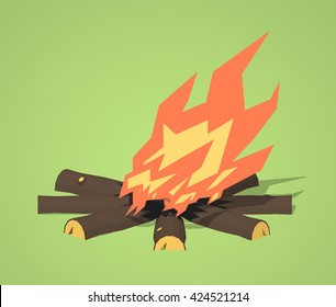 Campfire against the green background. 3D lowpoly isometric vector illustration