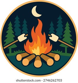 Campfire Badge with Marshmallows Forest Night Camping Emblem Vector Illustration