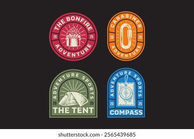 campfire barrel, camping tent, ruler compass, carabiner oval shape, bonfire, navigation retro badge logo vector design collection set for adventure, explorer, mountaineer, hiker and climber