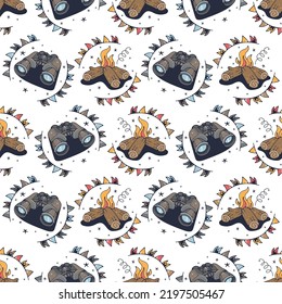 Campfire and Binoculars. Seamless pattern on a white background. Cute vector illustration.