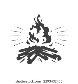 Campfire brennen Flamme Feuerholz Freiburger Sommer Stopp Camping Expedition Vintage Ikone Design Vektorgrafik. Bonfire hellem Funkelcamp Kamin Wandern Naturerlebnis