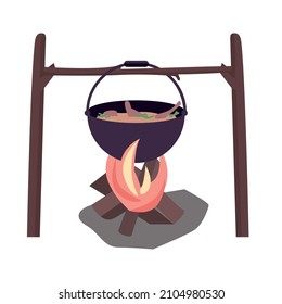 Campfire with boiling cauldron semi flat color vector object. Full realistic item on white. Cooking food on fire isolated modern cartoon style illustration for graphic design and animation