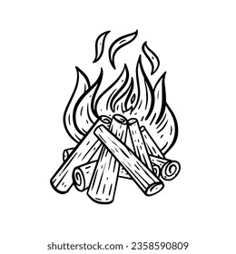 Campfire or bonfire black color line art style vector illustration. Isolated on white background.