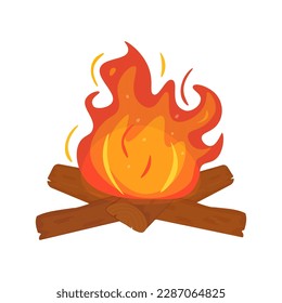 Campfire, bonfire with burning logs and a blazing hot red-yellow flame. Felled forest firewood stacked in a circle for cooking at a tourist picnic. Vector illustration in the flat style. Isolated.