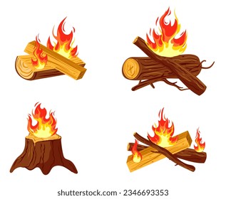 Campfire bonfire firewood flame isolated set. Vector flat graphic design illustration