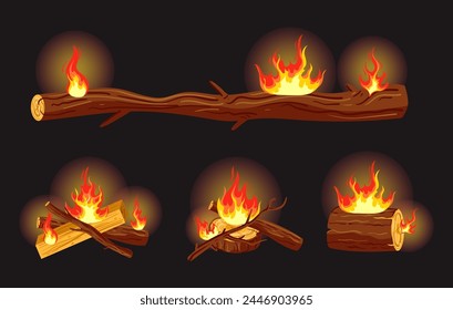 Lagerfeuer-Feuer-Feuerholz-Flamme isoliert Satz. Vektorgrafik flaches Grafikdesign Illustration