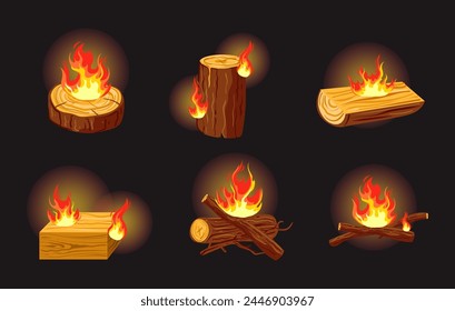 Campfire bonfire firewood flame isolated set. Vector flat graphic design illustration