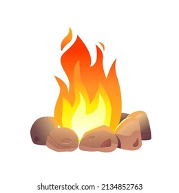 Campfire. Bonfire lined with stones isolated on white background. Cartoon style. Vector illustration. 