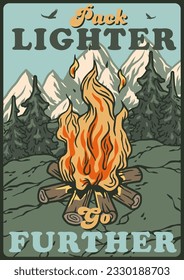 Campfire or bonfire outdoor for camping adventure. Nature outdoor recreation, forest explore poster