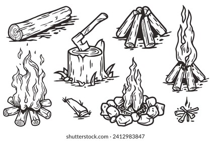 Campfire or bonfire outdoor for camping adventure. Stump with an ax. Nature outdoor recreation, forest explore