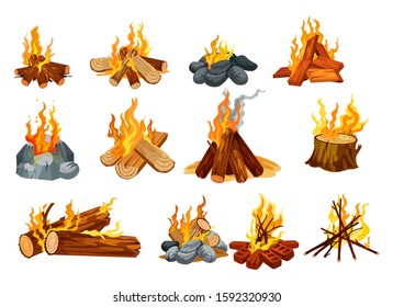 Campfire and bonfire vector icons, burning fire on woods and stones. Outdoor camping and scout hiking fireplace with flames