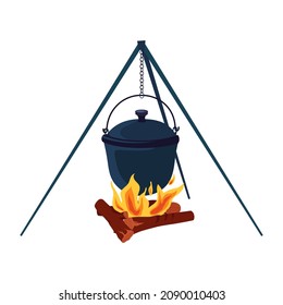 Campfire with the Bowler. Hiking Food on the Bonfire. Camping Fire. Outdoor food. Cooking on an open fire. Tourism and traveling concept. Elements for tourism, hiking, climbing, adventure, travel