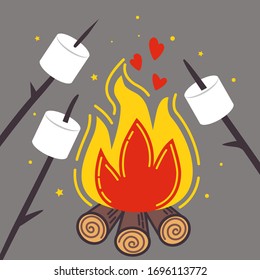 
Campfire and  branches with roasted marshmallows. Vector cartoon  illustration.
