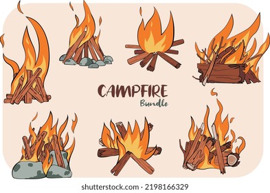 Campfire Bundle, Cartoon Camping Object, Vector Wood And Stone With Outline