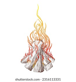 Campfire, burning fire, bonfire with firewood. Vector texture hand drawn illustration. Outdoor camping