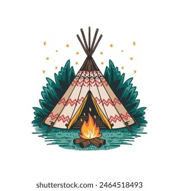 A campfire burning in front of a traditional tipi beneath a few twinkling stars.