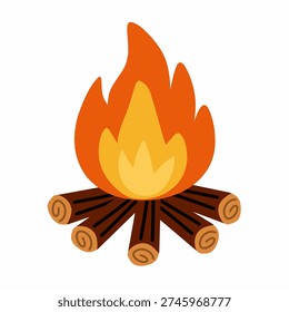 Campfire with Burning Logs in Flat Style for Outdoor Camping