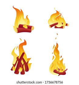 Campfire burning logs icon set. Bonfire cartoon design elements. Outdoor yellow fire light isolated on white background. Vector illustration