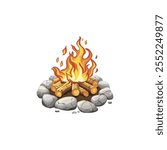Campfire with burning logs in stone ring. Vector illustration design.