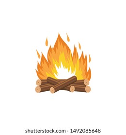 Campfire with burning wood logs and flame colorful symbol the cartoon vector illustration isolated on white background. Burning stacked firewood a design for web games and warning signs.