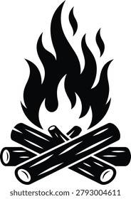 Campfire with burning wood logs vector icon, black fire silhouette isolated on white background
