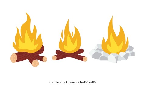 Campfire with burning wooden logs and camping stone fireplace. Outdoor bonfire. Firewood flames. Set of isolated flat vector illustration 