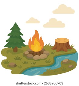 Campfire by a stream with a tree and stump.