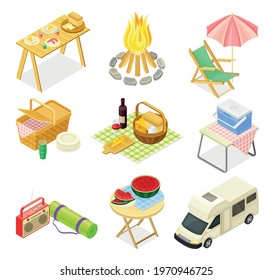 Campfire, Camper Van and Hamper with Food as Picnic and Summer Outdoors Meal Isometric Vector Set