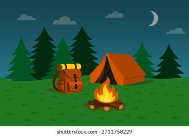 Campfire camping com fogueira e tenda vetor ilustração