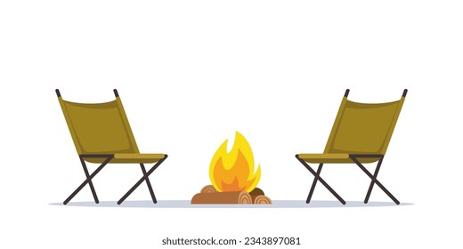 Campfire and camping chairs. Summer portable outdoor furniture for traveling. Climbing, hiking, trakking sport, adventure tourism, travel, backpacking. Vector illustration