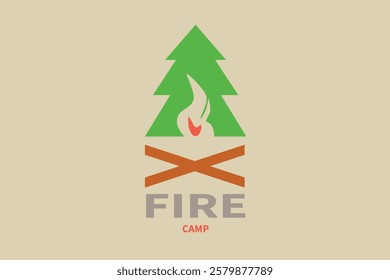 campfire camping, full of fun depicted with simple logo design. aoi, tree, and firewood