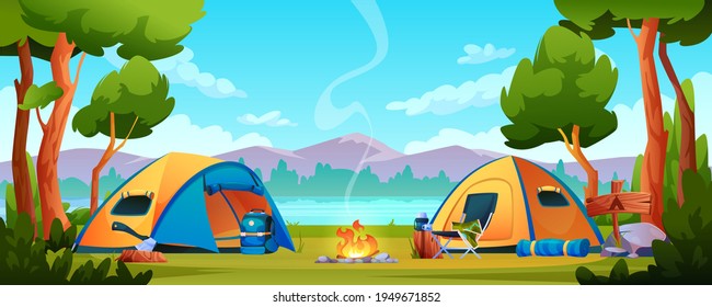 Campfire, camping hiking tents forest nature scenery, river or lake, mountains on background. Vector bonfire, tourist travel equipment, campsite with shelters, trekking tools, chair and ax, rucksack