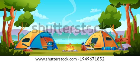 Campfire, camping hiking tents forest nature scenery, river or lake, mountains on background. Vector bonfire, tourist travel equipment, campsite with shelters, trekking tools, chair and ax, rucksack