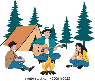 Campfire, camping, story telling concept. Cheerful people sitting at fire, telling scary stories, playing guitar. For outdoor activities or leisure time with friends to