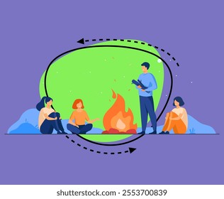 Campfire, camping, story telling concept. Cheerful people sitting at fire, telling scary stories, having fun. For summer outdoor activities or leisure time with friends topics