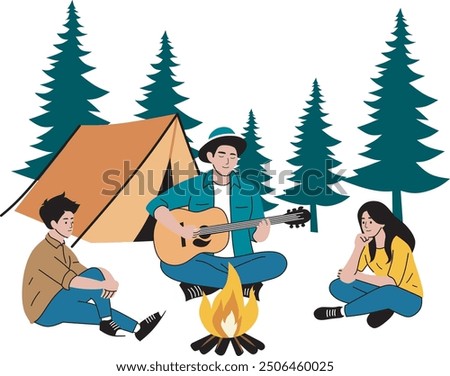 Campfire, camping, story telling concept. Cheerful people sitting at fire, telling scary stories, playing guitar. For outdoor activities or leisure time with friends to