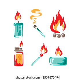 Campfire, candles, match and lighter on white background. Vector illustration. Design element for poster, leaflet, banner, booklet.