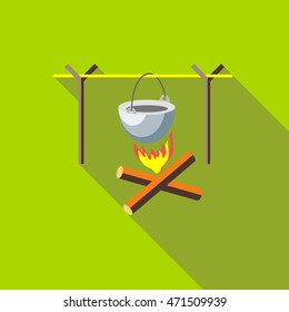 Campfire with cauldron icon in flat style with long shadow. Cooking symbol