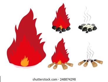 Campfire in charcoal and wood set. Editable Clip Art.