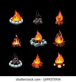 Campfire. Collection Pictures Of Glowing Flame From Bonfire Tourism Outdoor Symbols Natural Forest Fire Places. Vector Cartoon Set