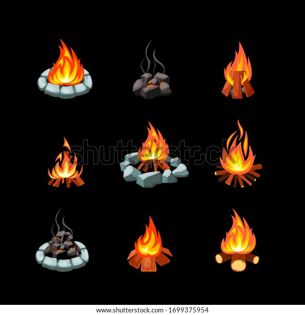 campfire. collection pictures of glowing flame from\
bonfire tourism outdoor symbols natural forest fire places. Vector\
cartoon set