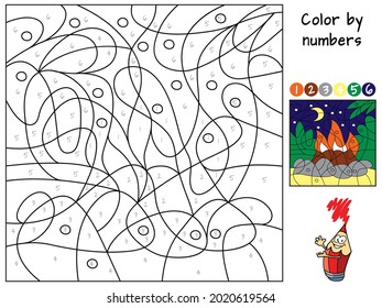 Campfire  Color by numbers  Coloring book  Educational puzzle game for children  Cartoon vector illustration