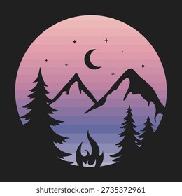 campfire in coniferous forest and mountains
