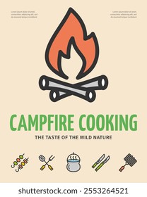 Campfire Cooking Camping Conceito de Convite Vertical Cartaz Cartaz Banner Card Template. Ilustração vetorial de Pot e Bonfire