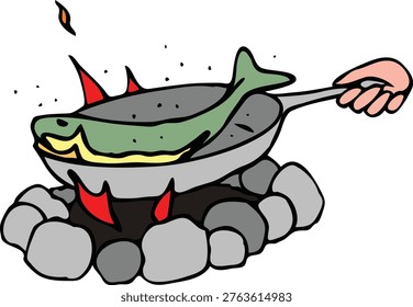 Campfire Cooking a Fish in a Pan Open Fire Vector Illustration