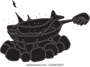 Campfire Cooking a Fish in a Pan Open Fire Silhouette Vector Illustration