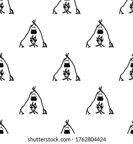 Campfire Cooking Icon Seamless Pattern, Outdoor Cooking, Traditional Cooking Technique Vector Art Illustration