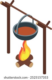 Campfire with cooking pot isometric icon. Camping symbol