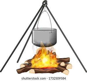 Campfire and cooking pot on stand on white background illustration